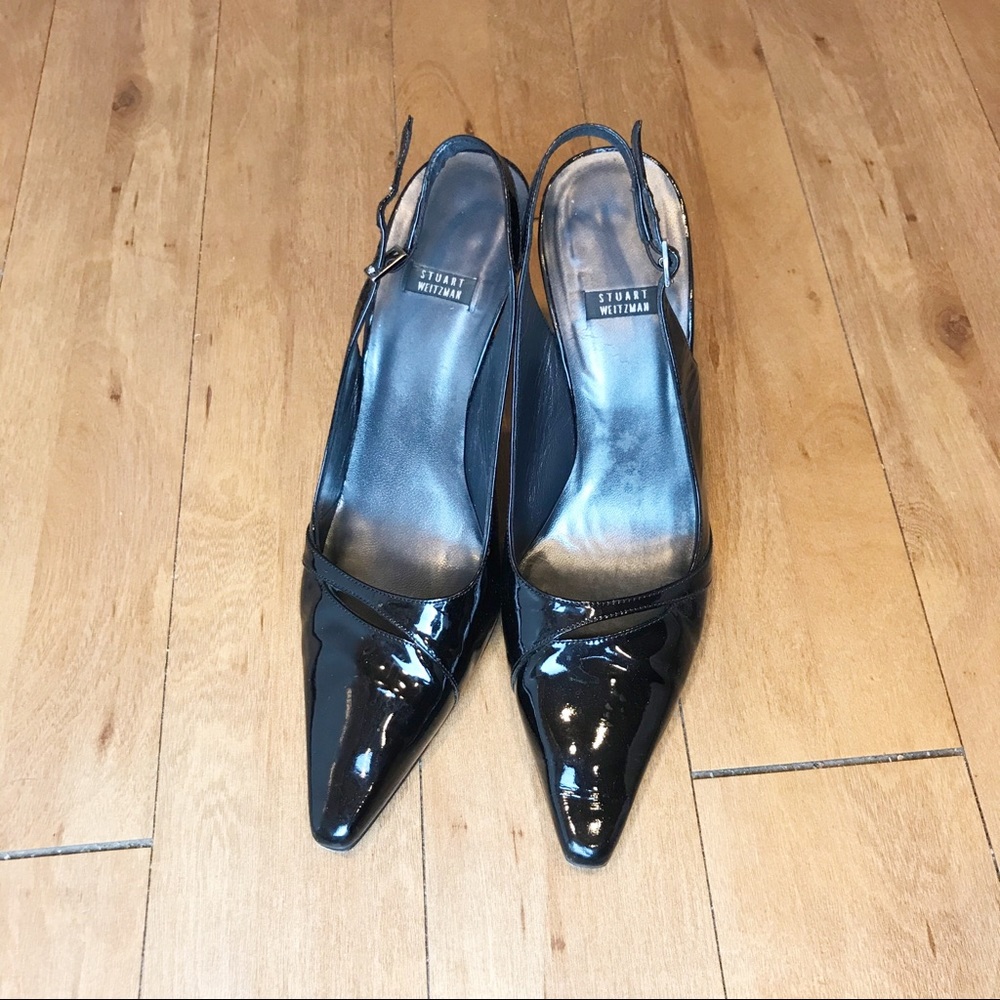 Stuart Weitzman Black Patent Leather Pointed Toe Slingback Heels